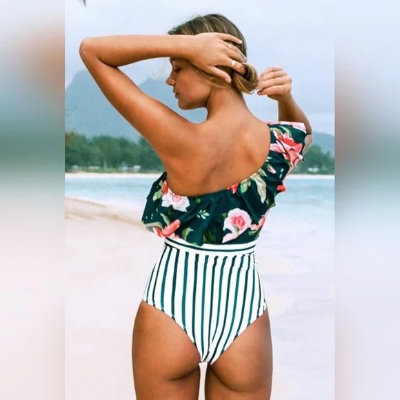 Cupshe Ellis Riviera Floral & Stripes Ruffled Asymmetrical Swimsuit - Picture 9 of 9